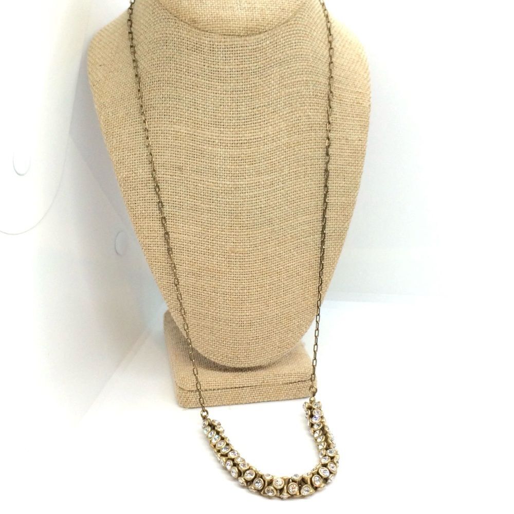 J. CREW RHINESTONE NECKLACE TUBE ANTIQUED GOLD TONE BRASS LONG 30" STATEMENT